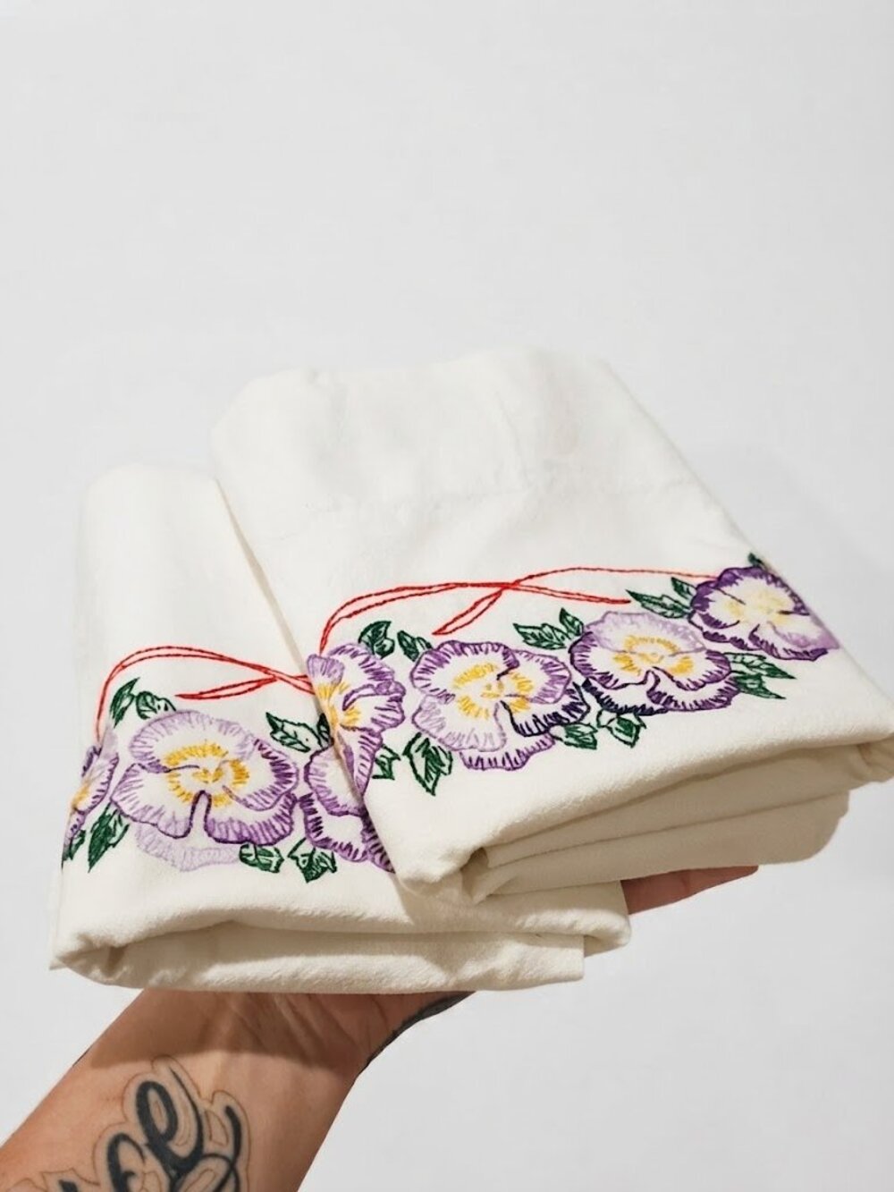 Pair of Embroidered Floral Cotton Linen Pillowcases in Cream with Purple Flowers